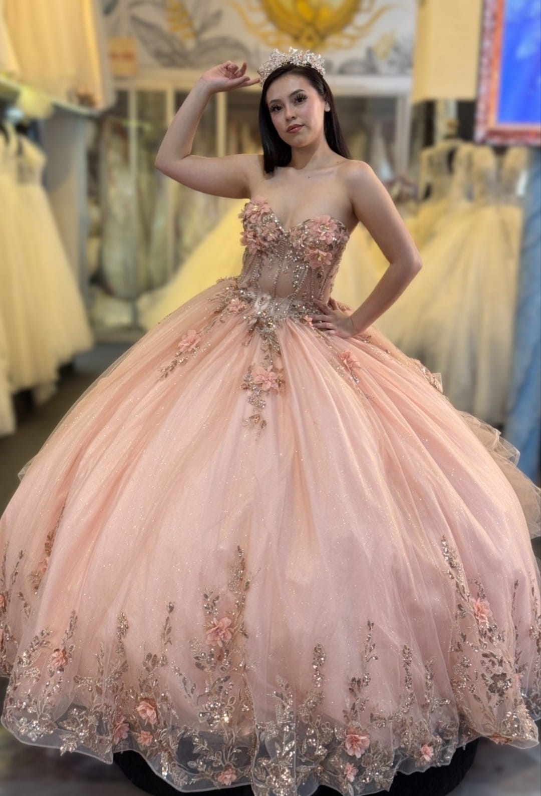 Vestido de Quinceañera "Princesa Real" con Pedrería Fina y Tul. Mod: HP25083
