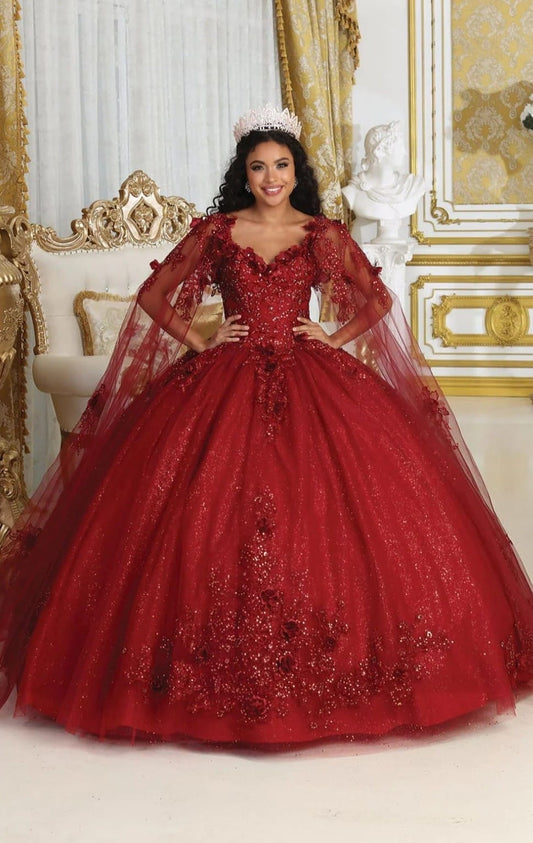 Vestido de Quinceañera "Princesa Real" con Pedrería Fina y Tul. Mod: LK-214 Color burgandy