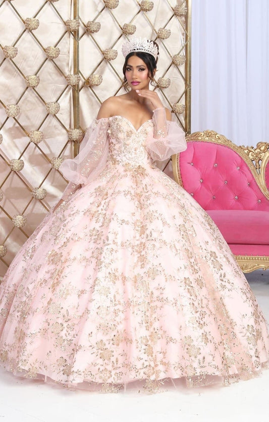 Vestido de Quinceañera "Princesa Real" con Pedrería Fina y Tul. Mod: LK-206 Color blush oro