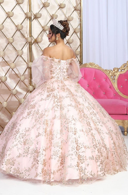 Vestido de Quinceañera "Princesa Real" con Pedrería Fina y Tul. Mod: LK-206 Color blush oro