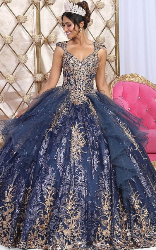 Vestido de Quinceañera "Princesa Real" con Pedrería Fina y Tul. Mod: LK-231 Azul marino