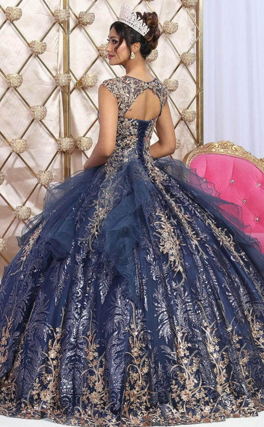 Vestido de Quinceañera "Princesa Real" con Pedrería Fina y Tul. Mod: LK-231 Azul marino