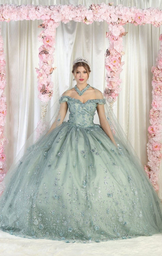 Vestido de Quinceañera "Princesa Real" con Pedrería Fina y Tul. Mod: LK-202 Color sage