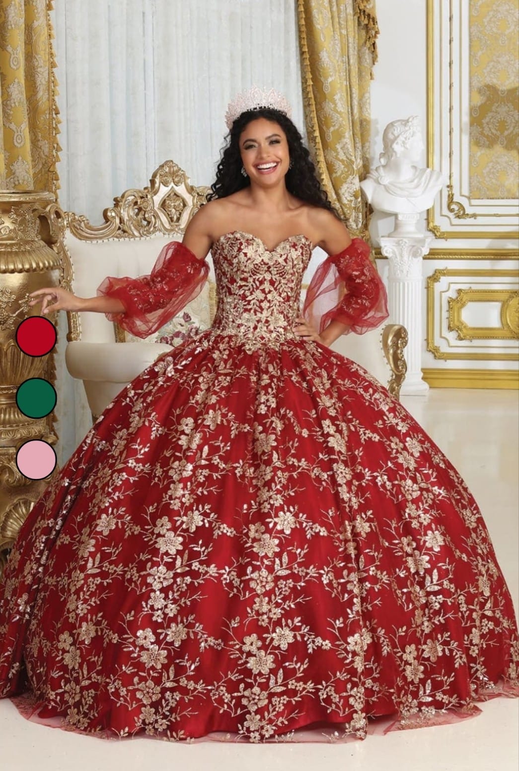 Vestido de Quinceañera "Princesa Real" con Pedrería Fina y Tul. Mod:  LK-200 Verde/ oro, Rose gold, Tinto/ oro