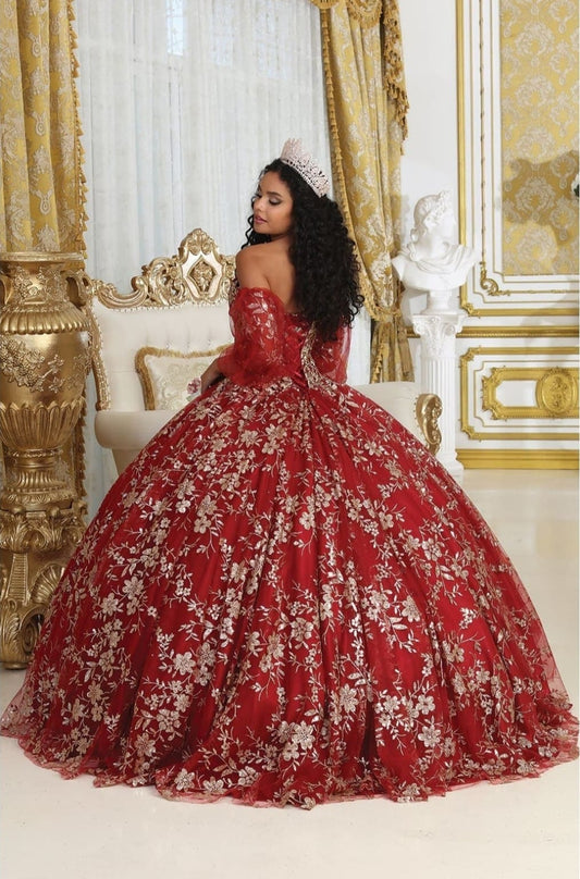 Vestido de Quinceañera "Princesa Real" con Pedrería Fina y Tul. Mod:  LK-200 Verde/ oro, Rose gold, Tinto/ oro