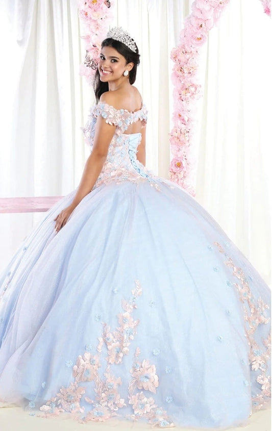 Vestido de Quinceañera "Princesa Real" con Pedrería Fina y Tul. Mod: Lk160 Azul cielo Rosa baby.Rojo